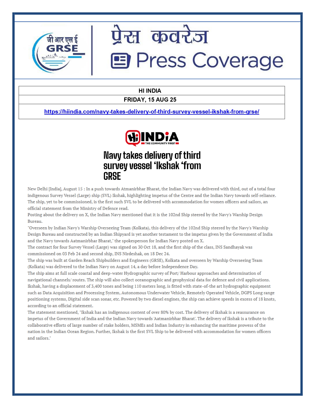 Press Coverage : 15 Aug 25:Navy takes delivery of Third Survey Vessel 'Ikshak' from GRSE